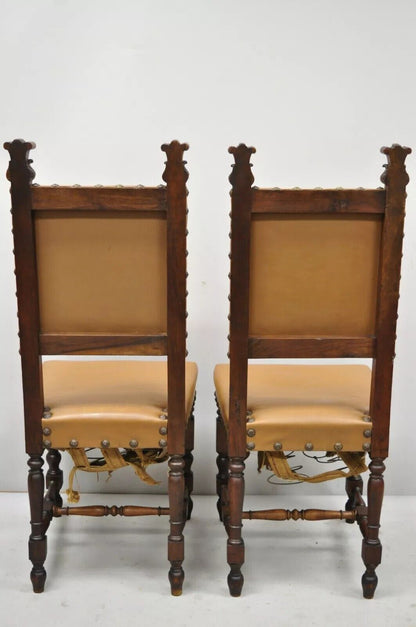 Antique 19th C. Italian Renaissance Carved Walnut High Back Side Chairs - a Pair