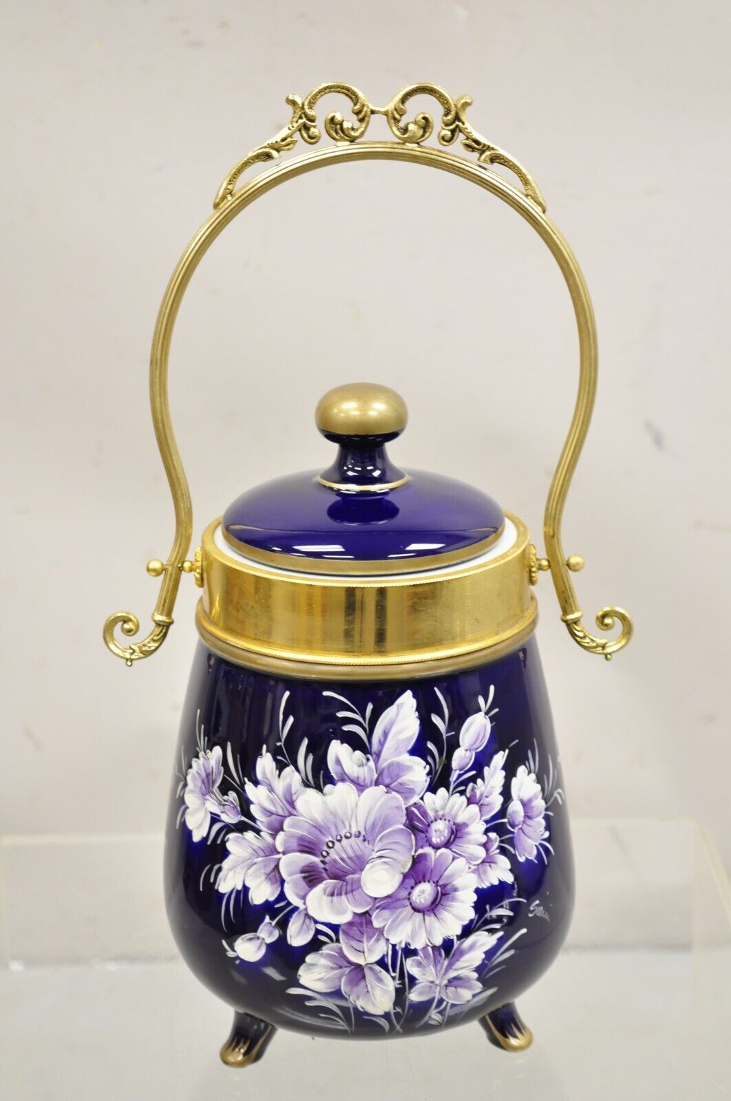 Vintage Victorian Cobalt Blue Porcelain Lidded Cookie Biscuit Jar Purple Flowers
