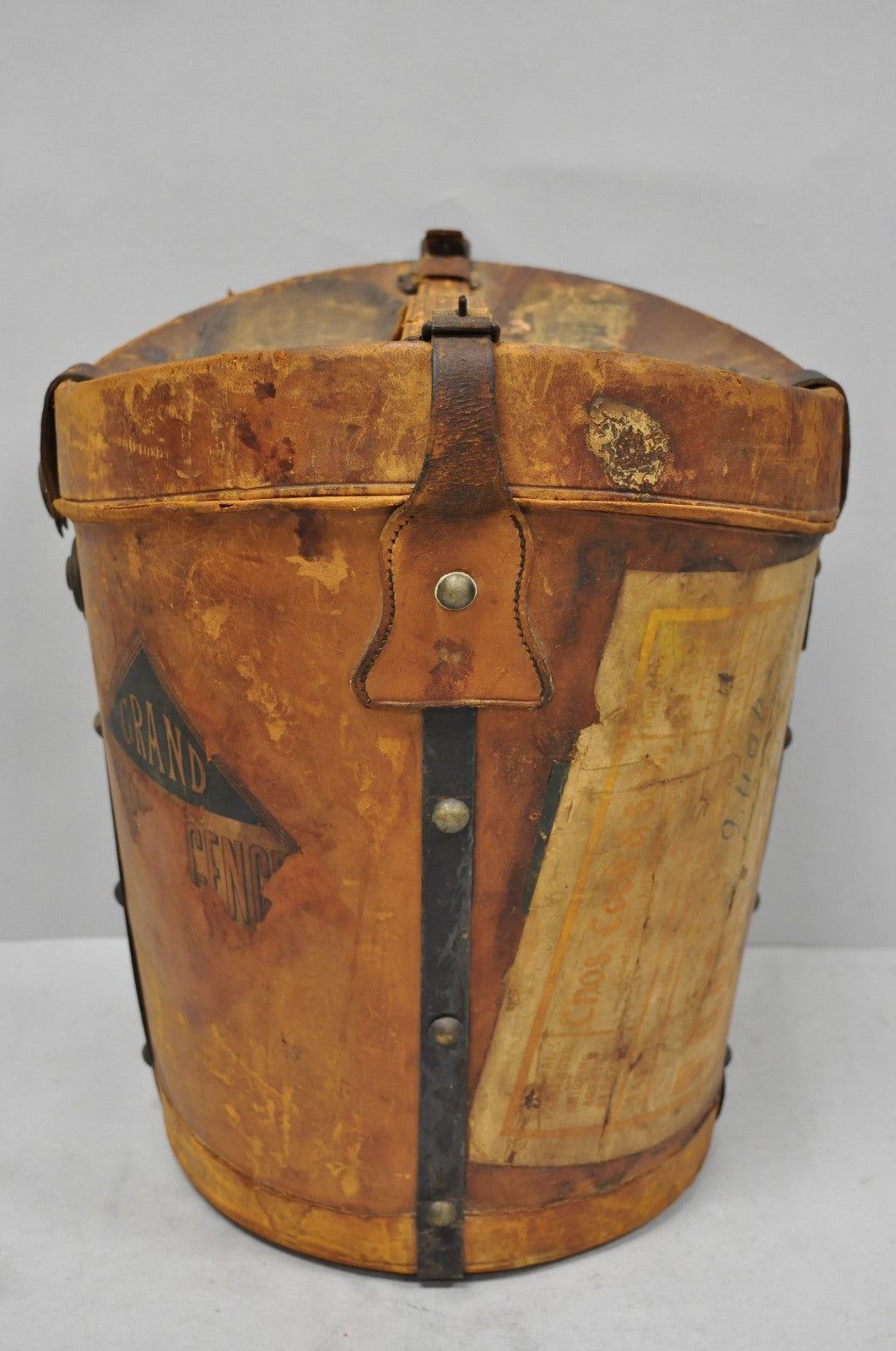 English Art Deco Brown Leather Travel Case Suitcase w/ Stickers & Beaver Top Hat
