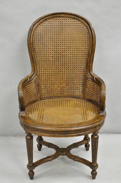 Vintage French Louis XVI Style Cane Balloon Back Walnut Arm Chairs - a Pair