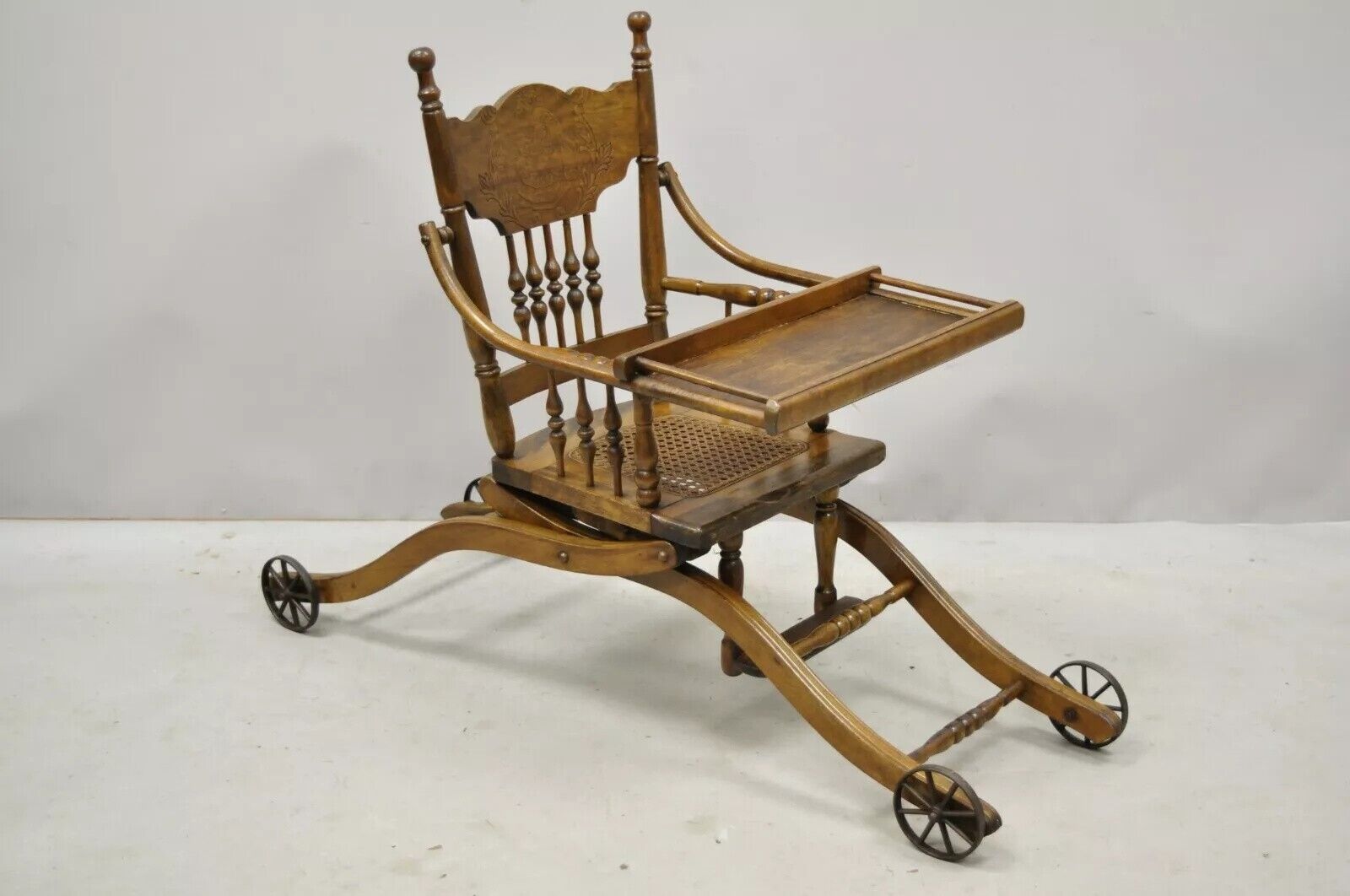 Antique Victorian Oak Convertible Pressed Back High Chair Baby Stroller