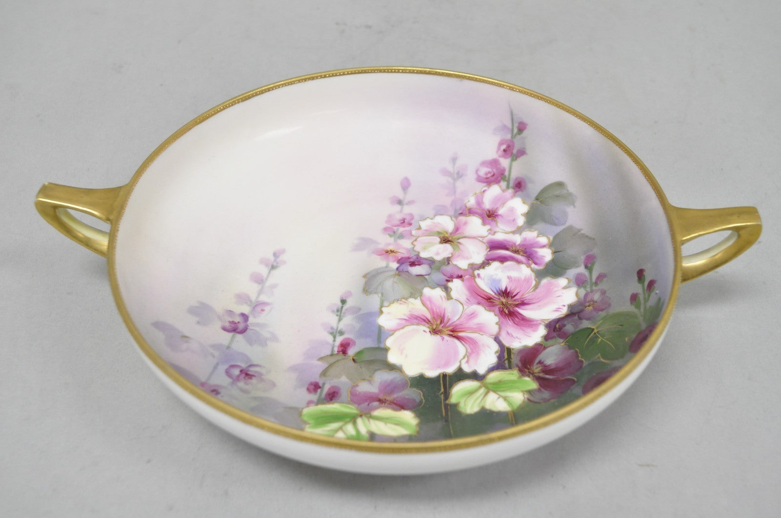 Antique Nippon Hand Painted Pink Wisteria Flower Porcelain Dish w / Handles