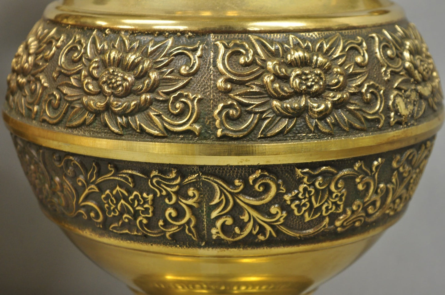 Vintage Brass Chinese Jardinière Elephant Handle Oriental Table Lamps - a Pair