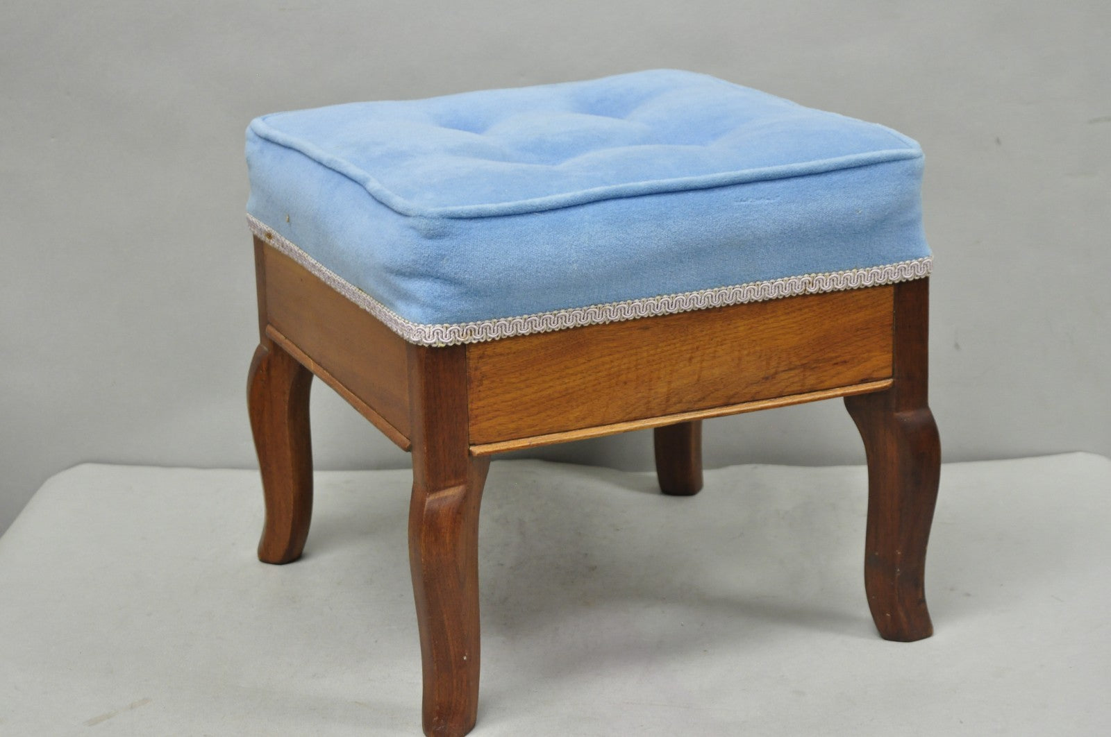 Antique Victorian Walnut Cabriole Leg Blue Tufted Footstool Ottoman Stool
