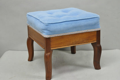 Antique Victorian Walnut Cabriole Leg Blue Tufted Footstool Ottoman Stool