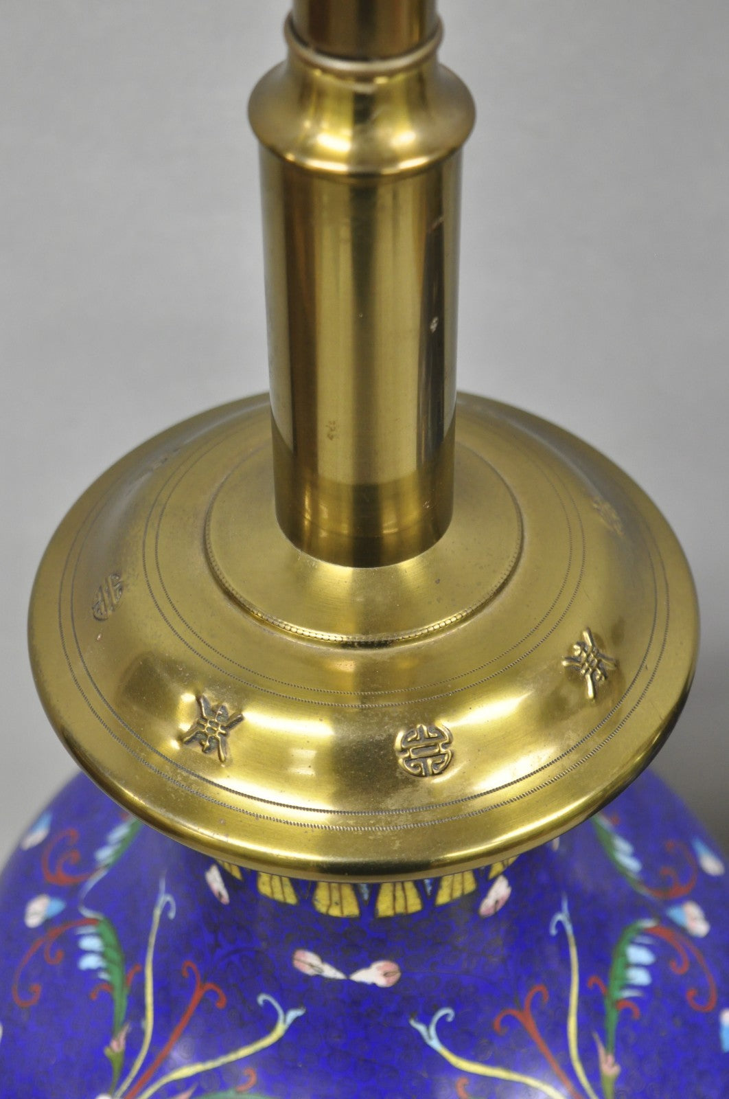 Vintage Chinoiserie Blue Enamel Chinese Brass Jardinierie Table Lamps - a Pair