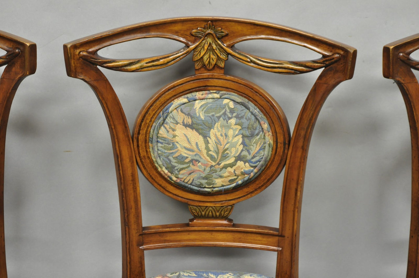 Vintage French Regency Style Carved Walnut Drape Back Dining Side Chair Set of 4