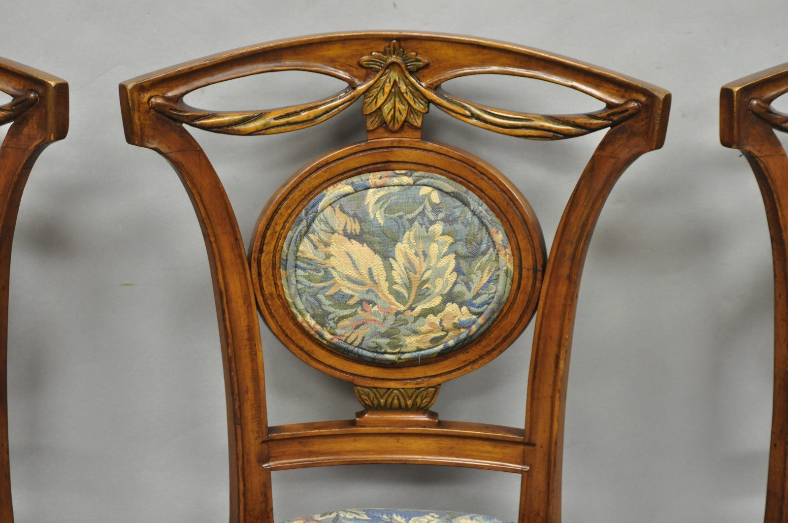 Vintage French Regency Style Carved Walnut Drape Back Dining Side Chair Set of 4