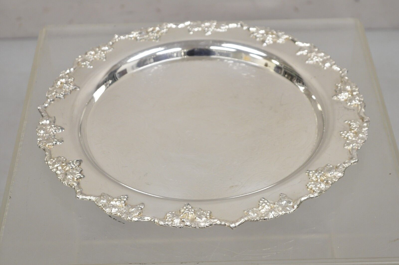 Antique English Victorian Silver Plated Grapevine Round Serving Platter Tray