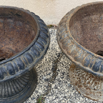 Antique French Empire Style Small 12" Cast Iron Urn Garden Planter Pots - Pair