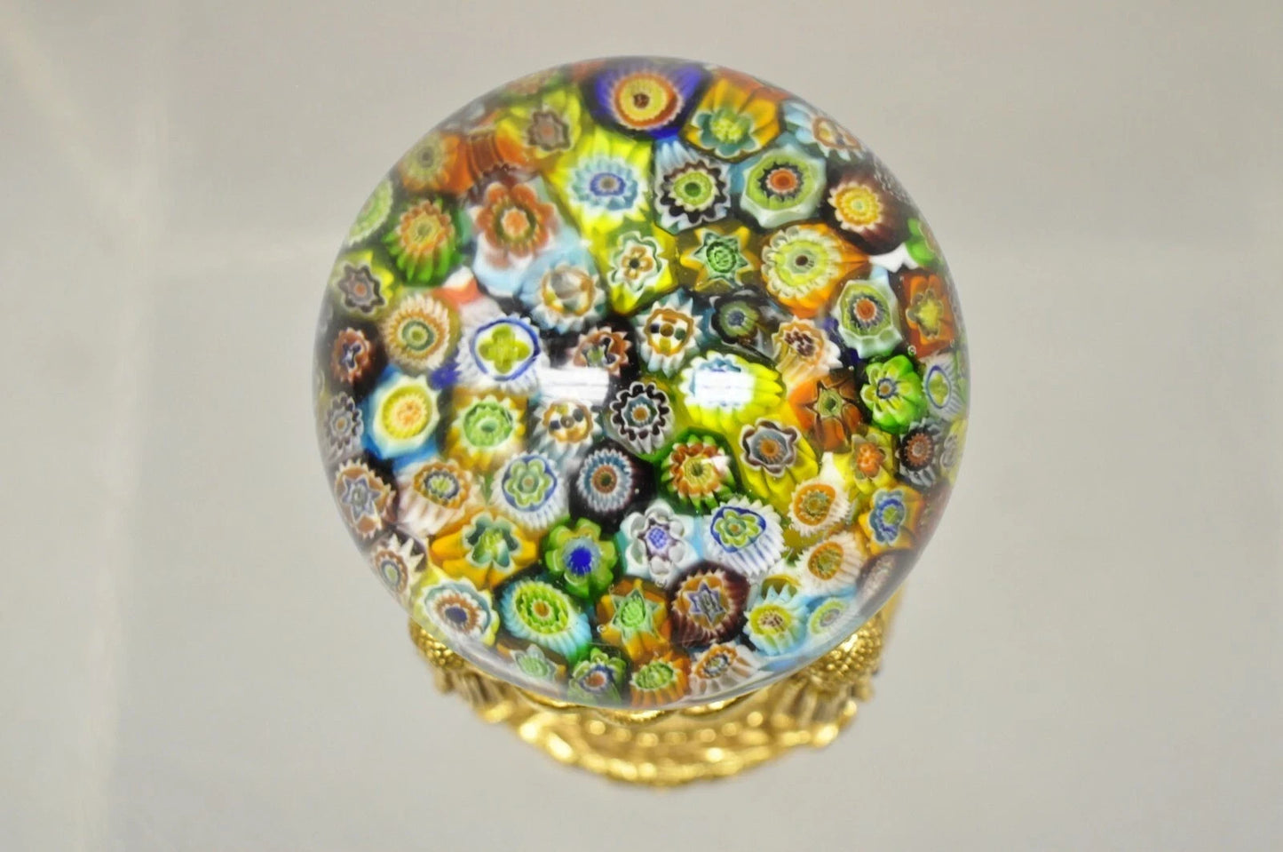 Vintage Art Glass Millefiori Italian Murano Round Sphere Paperweight on Stand