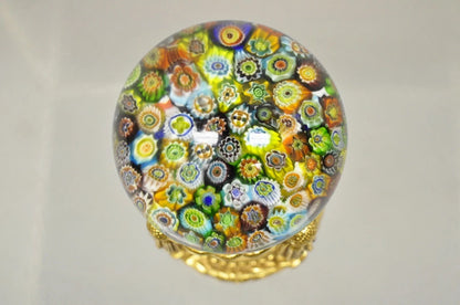 Vintage Art Glass Millefiori Italian Murano Round Sphere Paperweight on Stand