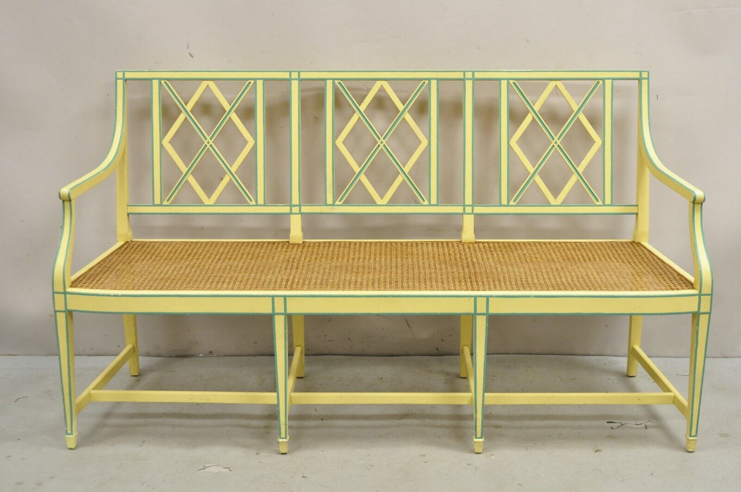 Vintage Italian Neoclassical Yellow Painted Cane Seat Fretwork Settee Bench