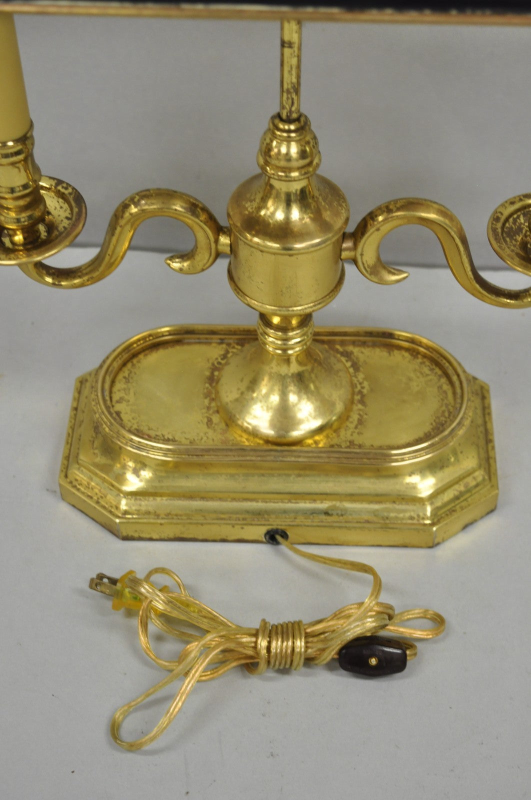 Vintage French Empire Style Brass Candlestick Bouillotte Desk Lamp w/ Tole Shade