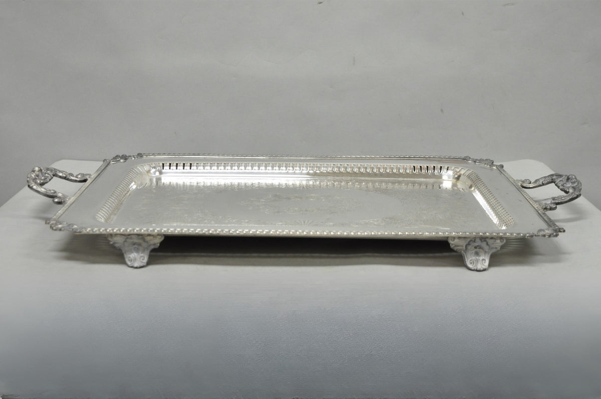 Vintage English Victorian Large Silver Plated Twin Handle Serving Platter Tray