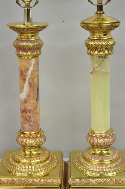 Vintage Hollywood Regency Brass Empire Column Green Pink Gold Table Lamps - Pair
