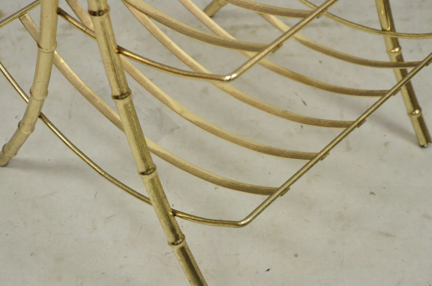 Vintage Hollywood Regency Gold Metal Faux Bamboo 3 Tier Magazine Rack Stand