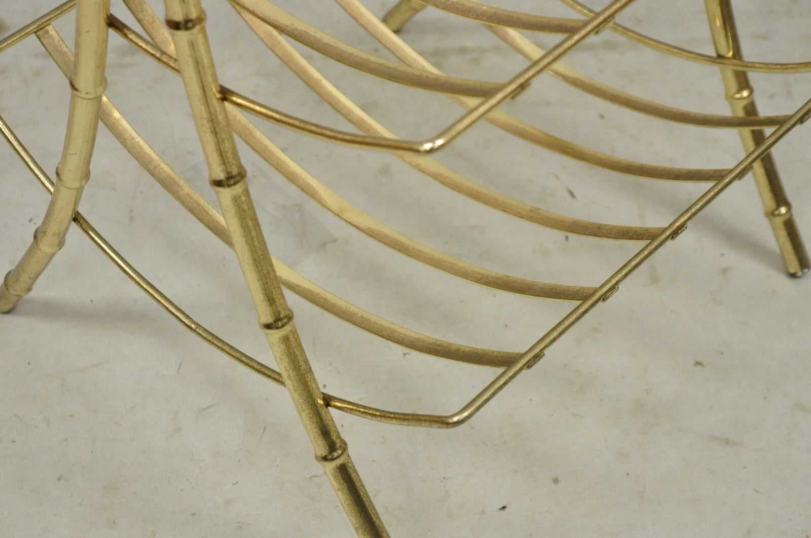 Vintage Hollywood Regency Gold Metal Faux Bamboo 3 Tier Magazine Rack Stand