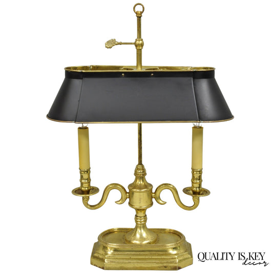 Vintage French Empire Style Brass Candlestick Bouillotte Desk Lamp w/ Tole Shade