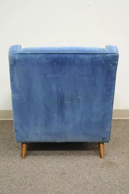 Vintage Mid Century Modern Walnut Frame Blue Club Lounge Chair after Paul McCobb