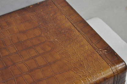 Vintage Art Deco Brown Leather Faux Crocodile Hard Case Suitcase Luggage