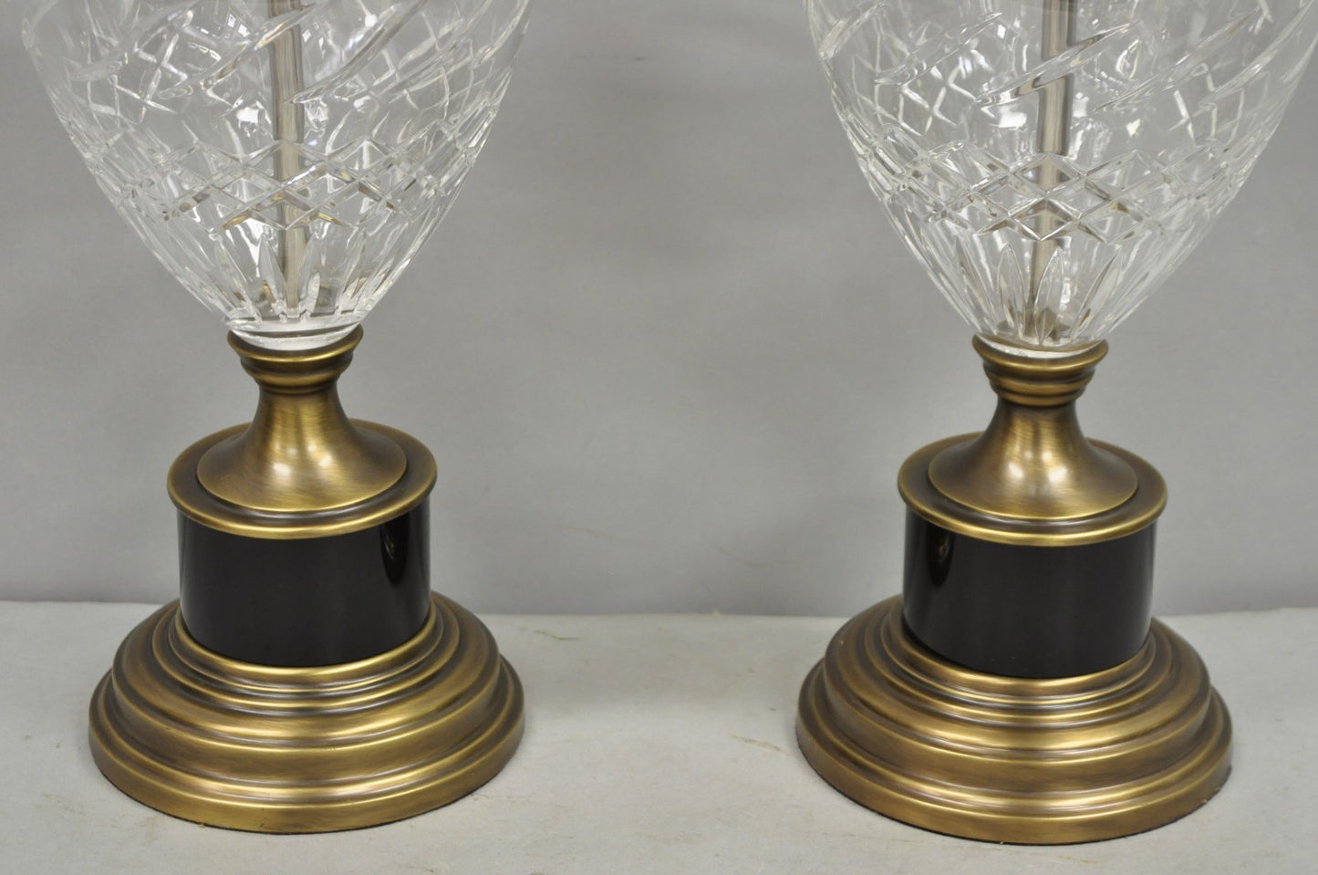 French Empire Cut Crystal Glass Urn & Brushed Brass Table Lamps by Wildwood Pair