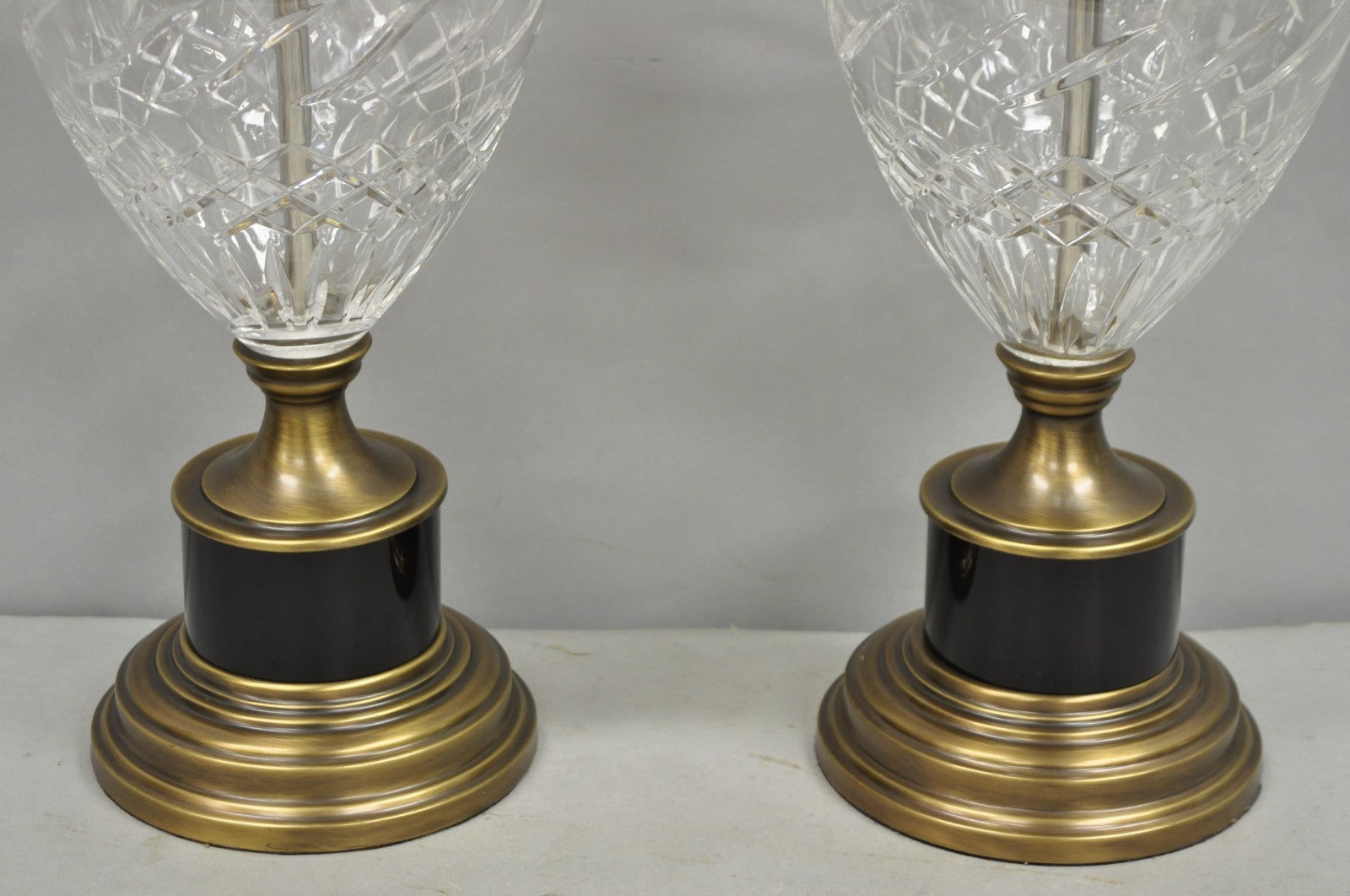 French Empire Cut Crystal Glass Urn & Brushed Brass Table Lamps by Wildwood Pair