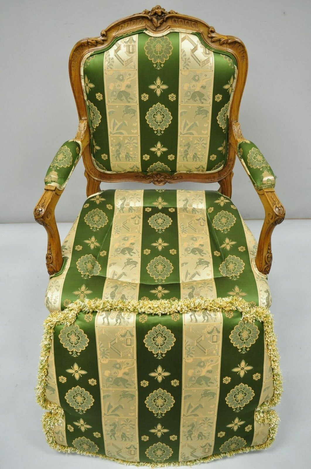 Antique French Louis XV Style Green & Gold Walnut Fauteuil Arm Chairs - a Pair