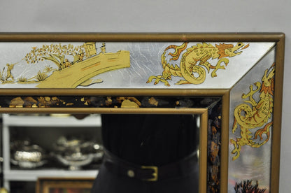 Vintage Chinoiserie Figural Eglomise Reverse Painted Oriental Wall Mirror