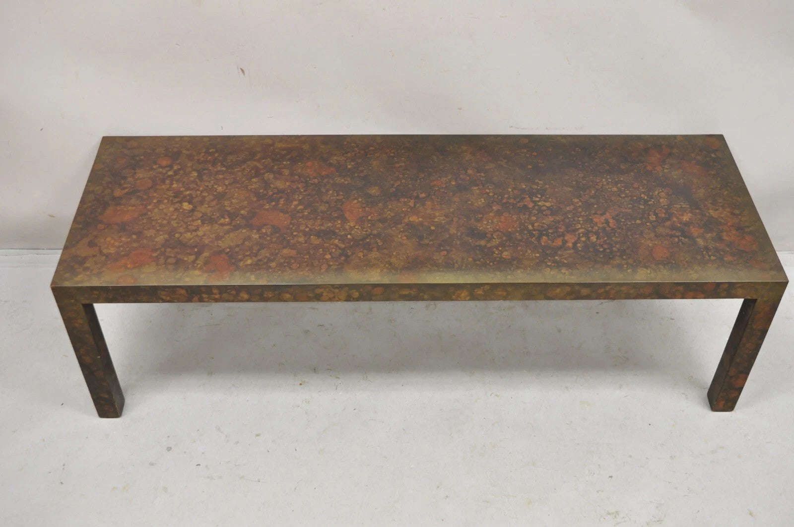 Mid Century Modern Brown Tortoiseshell Lacquer 54" Parsons Bench Coffee Table