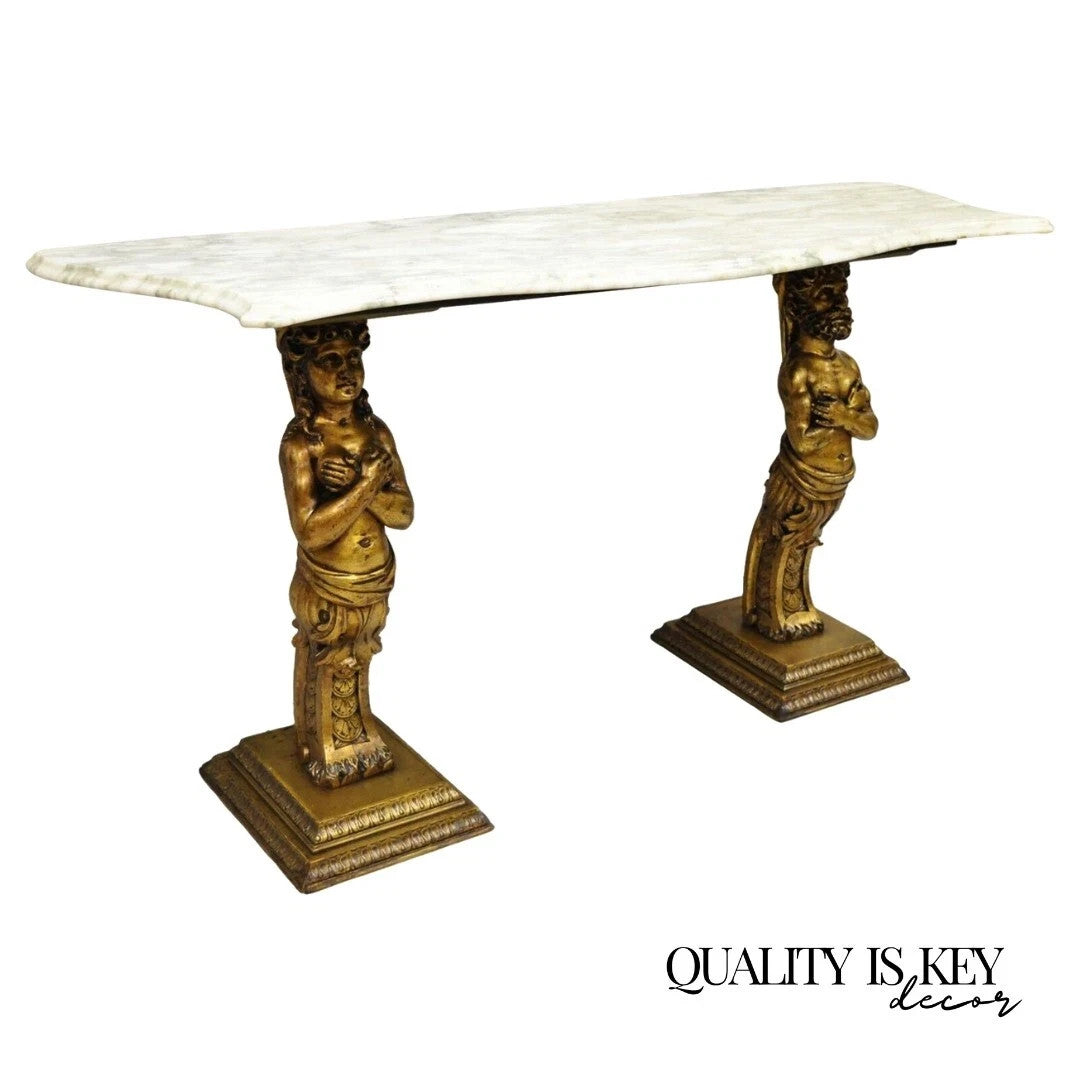 Vintage French Renaissance Victorian Style Gold Figural Marble Top Console Table