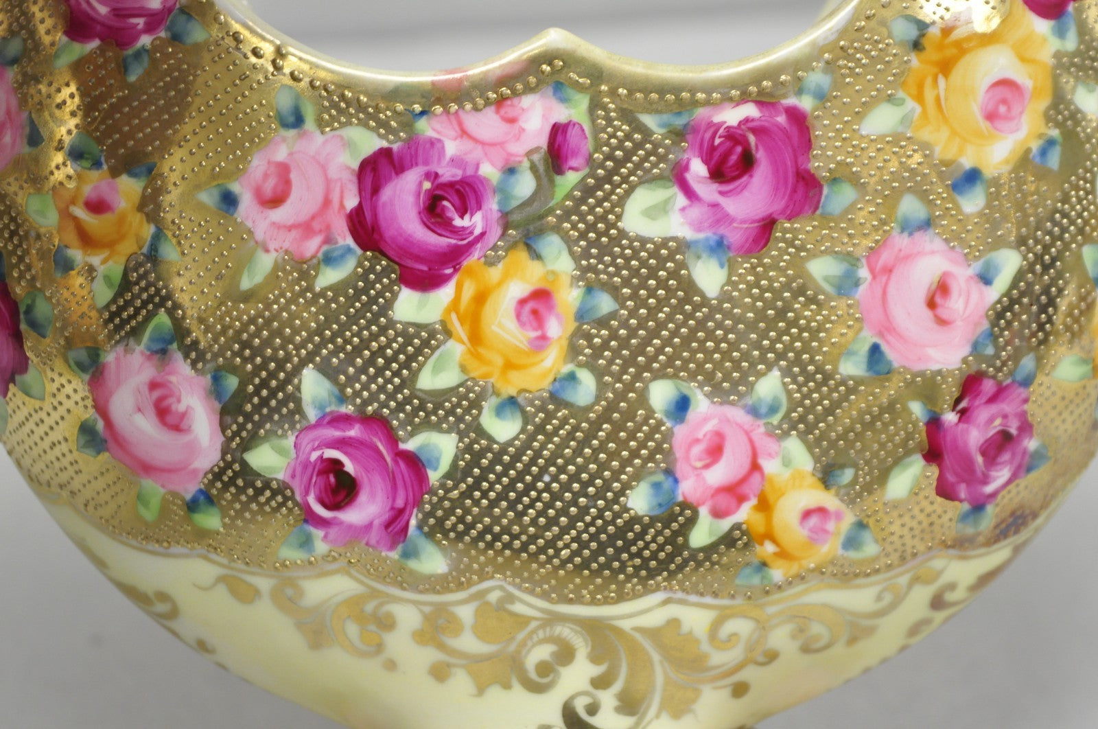 Antique Japanese Nippon Hand Painted Porcelain Gold Gilt Handle Moon Basket Vase