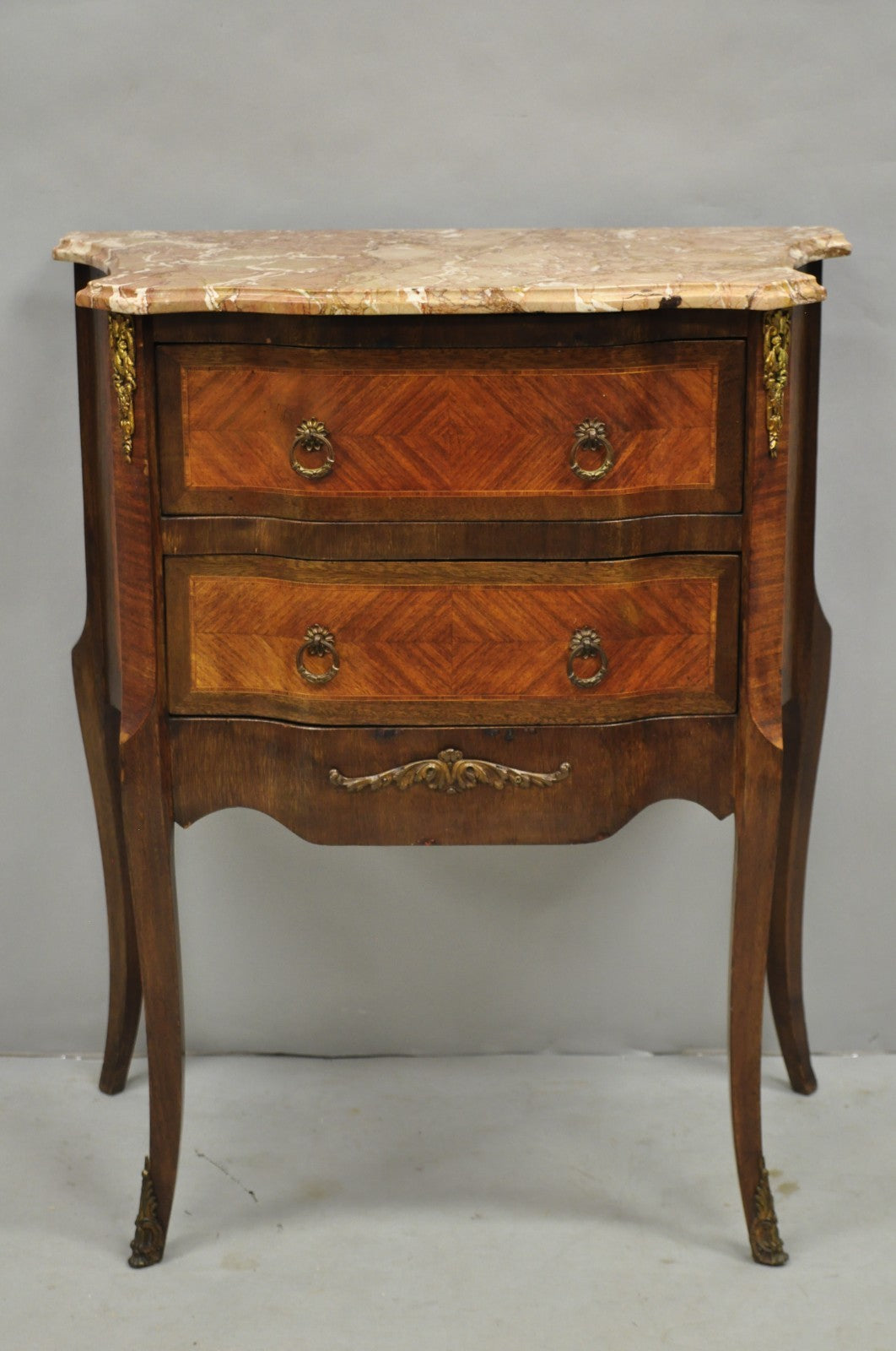 Antique French Louis XV Marquetry Inlay Marble Top Bombe Nightstand Side Table