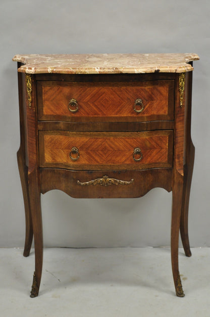 Antique French Louis XV Marquetry Inlay Marble Top Bombe Nightstand Side Table