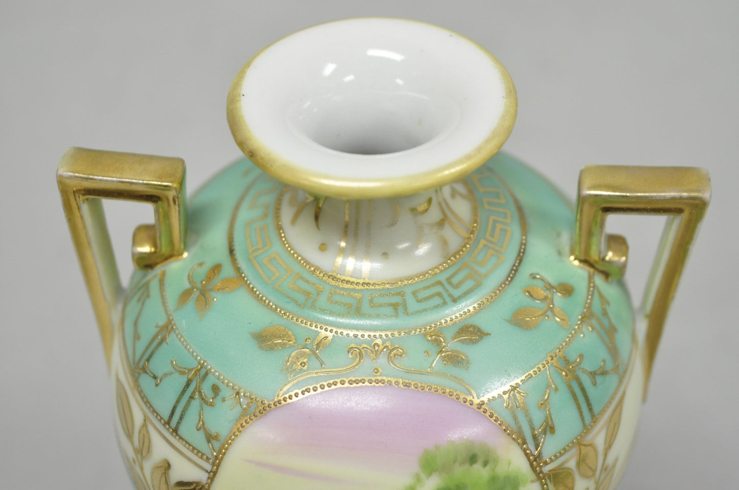 Antique Nippon Hand Painted Porcelain Windmill Scene Green Small Bolted Vase