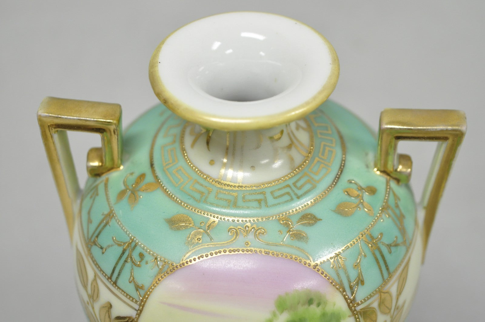 Antique Nippon Hand Painted Porcelain Windmill Scene Green Small Bolted Vase