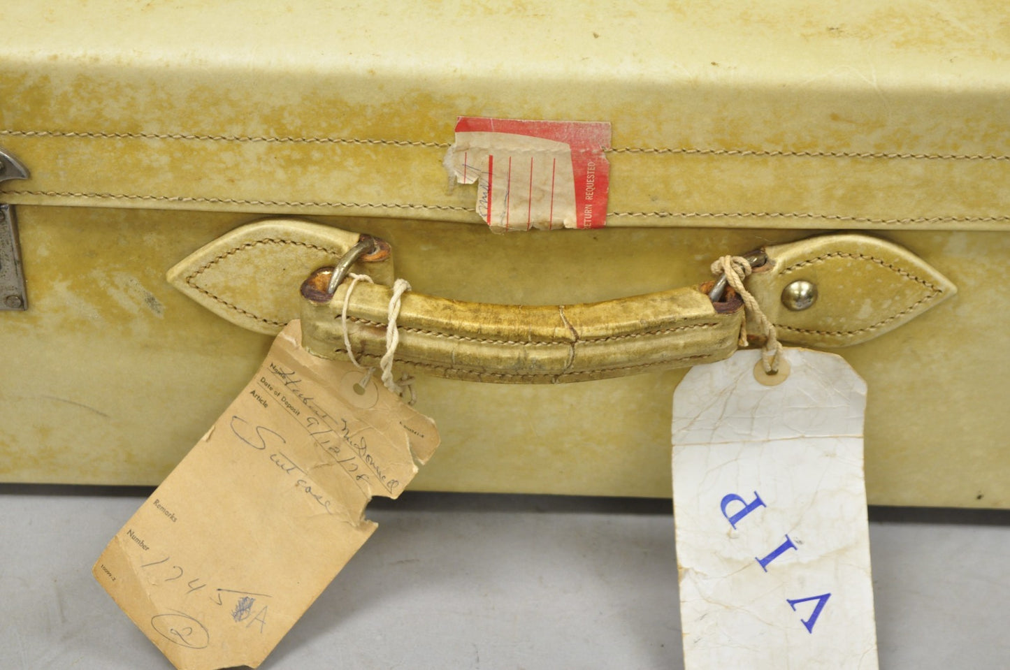 Antique 1930s French Vellum Parchment Large 30" Cream Hard Case Suitcase Luggage