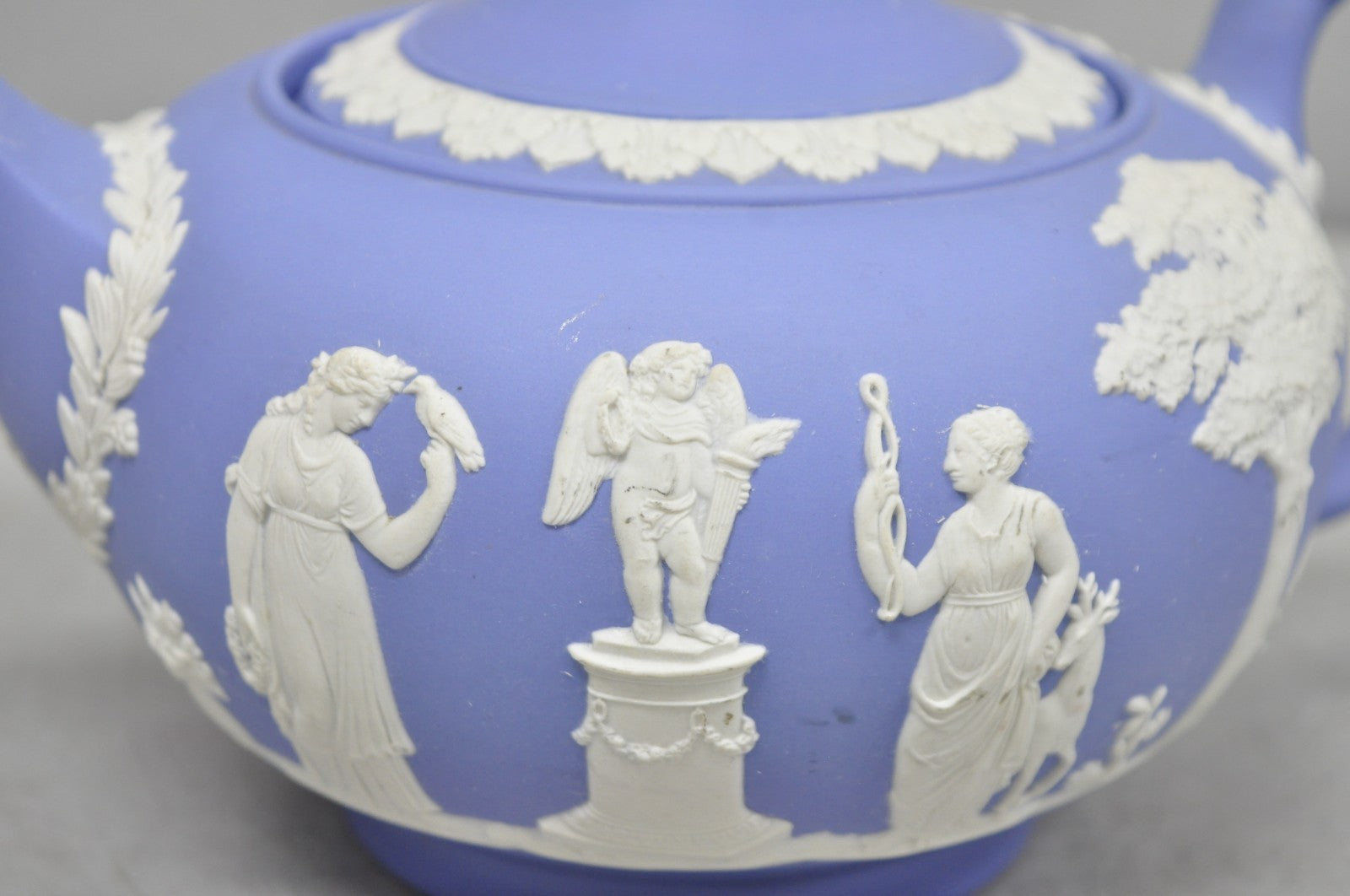 Antique Wedgwood Blue Jasperware Tea Set w/ Tea Pot Creamer Sugar Bowl 3 Pc Set