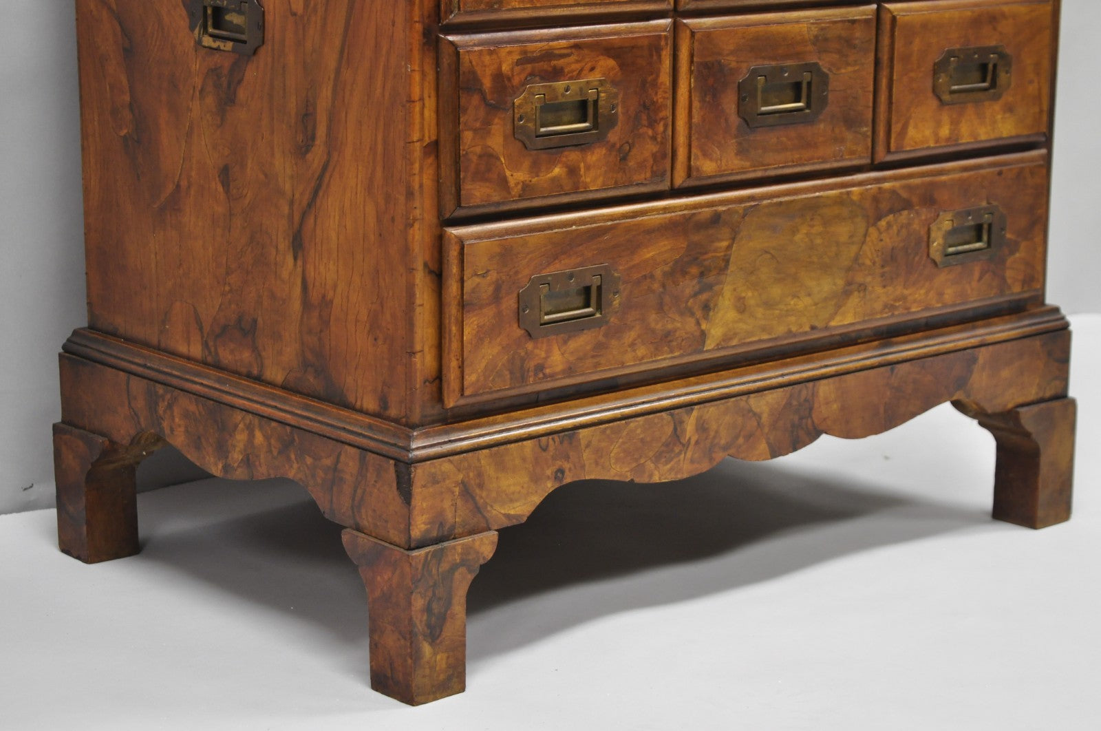 Vintage Italian Olive Wood Veneer Campaign Chest of Drawers Cabinet Side Table