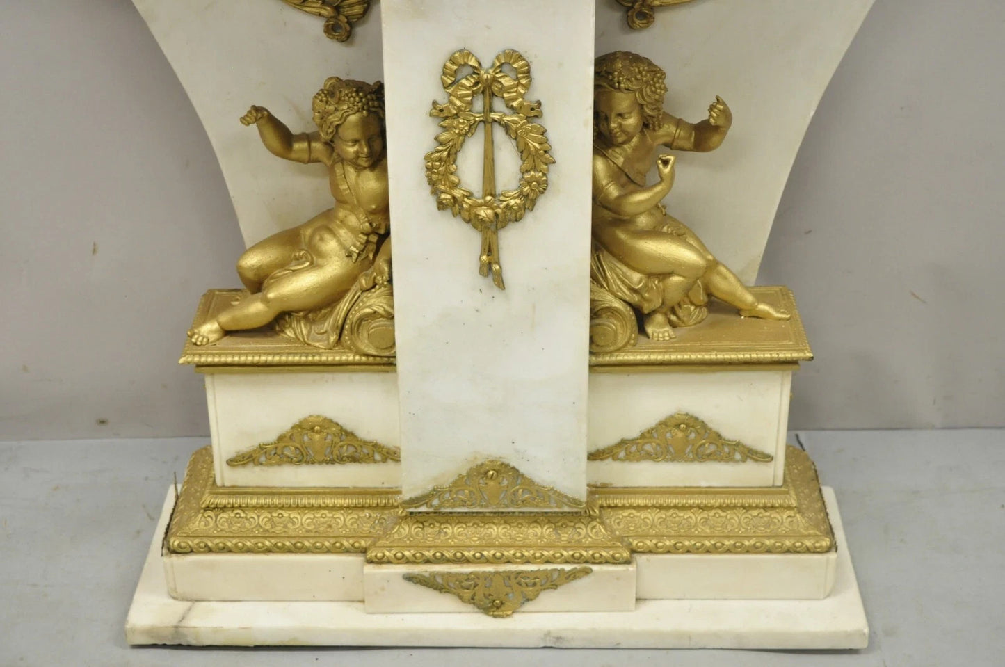 French Louis XV Style Marble & Figural Bronze Ormolu Console Table w/ Cherubs