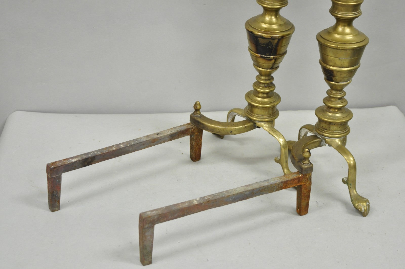 Antique English Victorian Brass Cannonball Ball and Claw Fireplace Andirons Pair