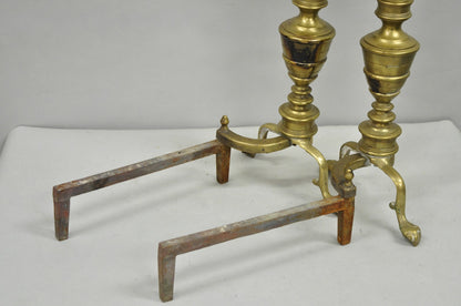 Antique English Victorian Brass Cannonball Ball and Claw Fireplace Andirons Pair