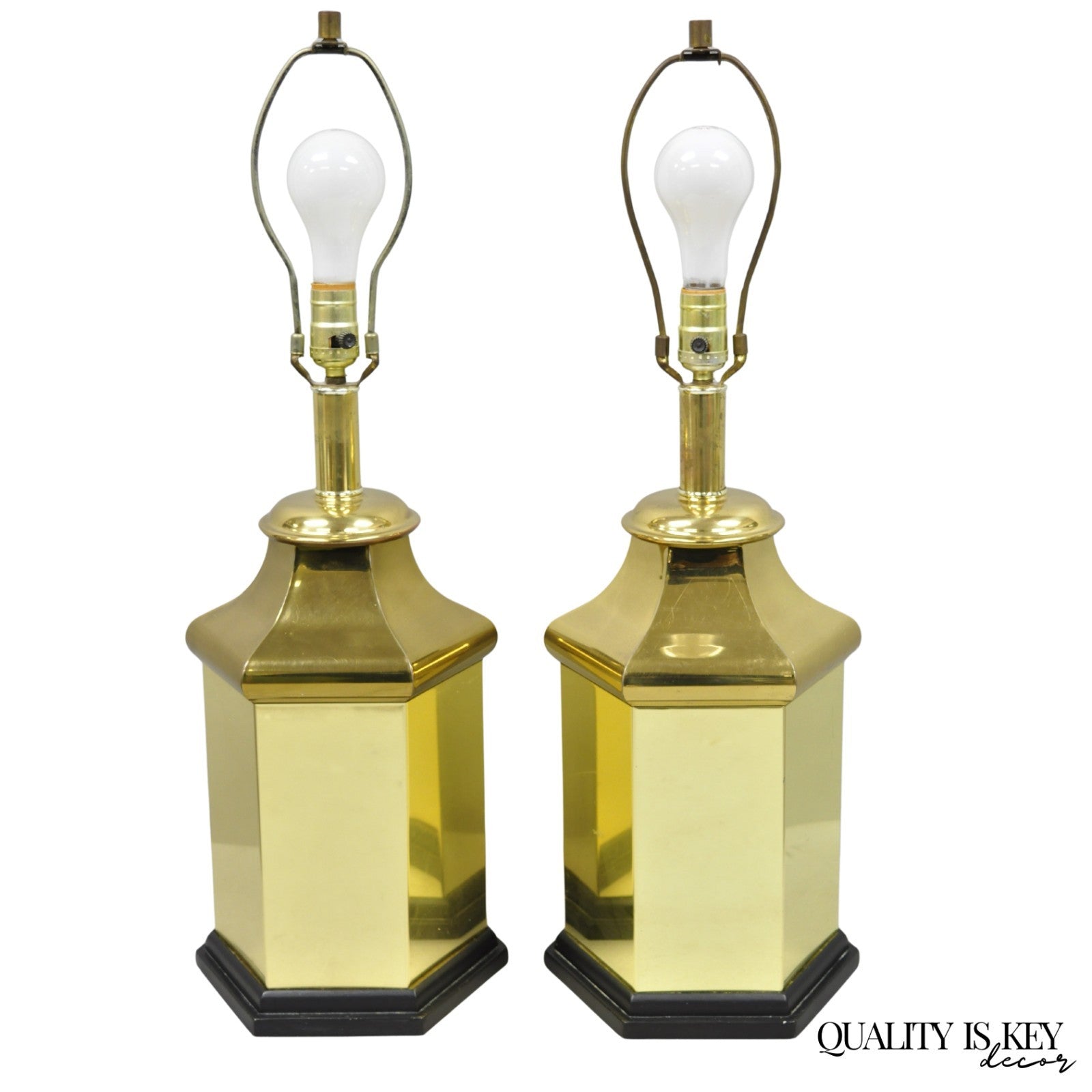Vintage Chinoiserie Brass Hexagonal Oriental Ginger Jar Table Lamps - a Pair