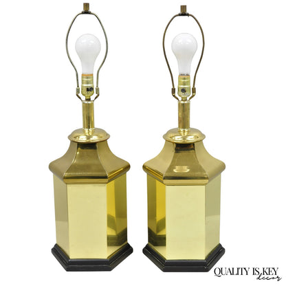 Vintage Chinoiserie Brass Hexagonal Oriental Ginger Jar Table Lamps - a Pair