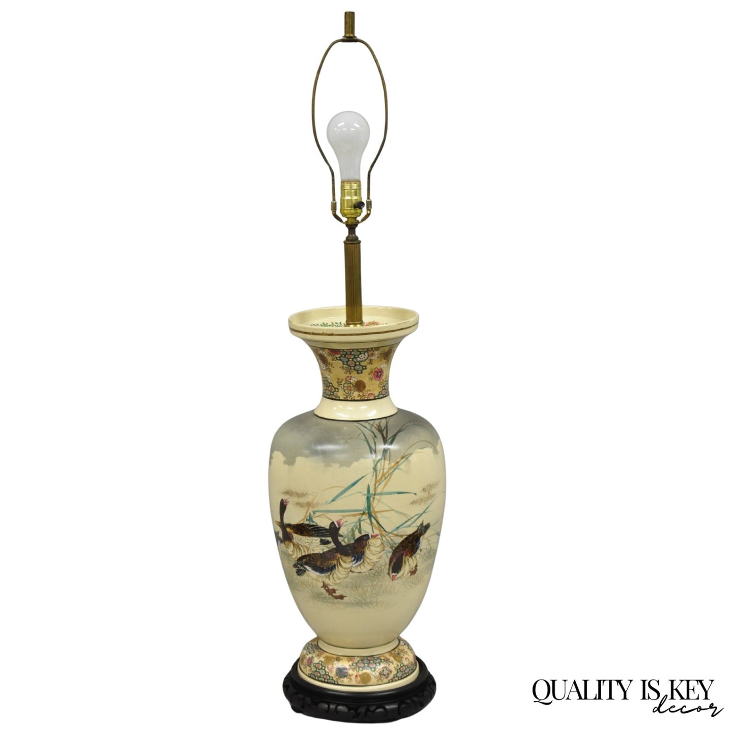 Antique Oriental Oversized Porcelain Satsuma Vase Japanese Table Lamp w/ Geese