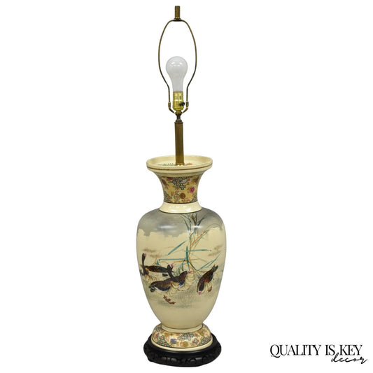 Antique Oriental Oversized Porcelain Satsuma Vase Japanese Table Lamp w/ Geese