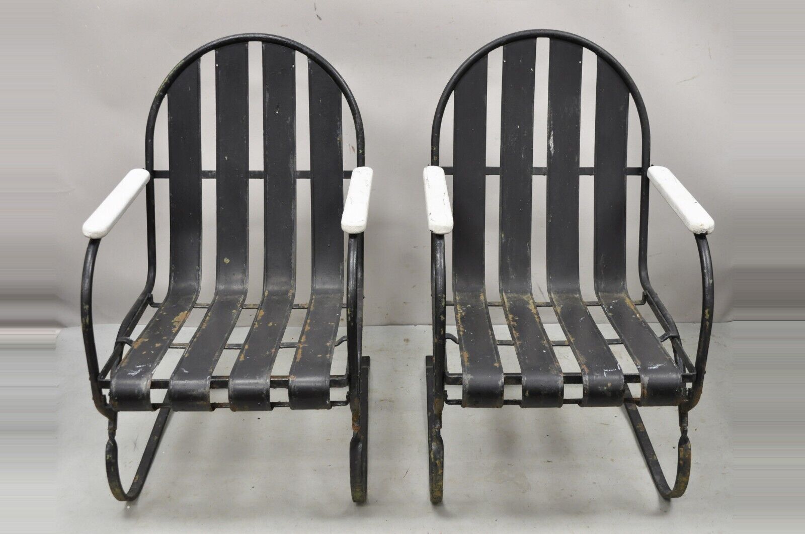 Pair Vintage Art Deco Black and White Steel Metal Slat Patio Bouncer Chairs