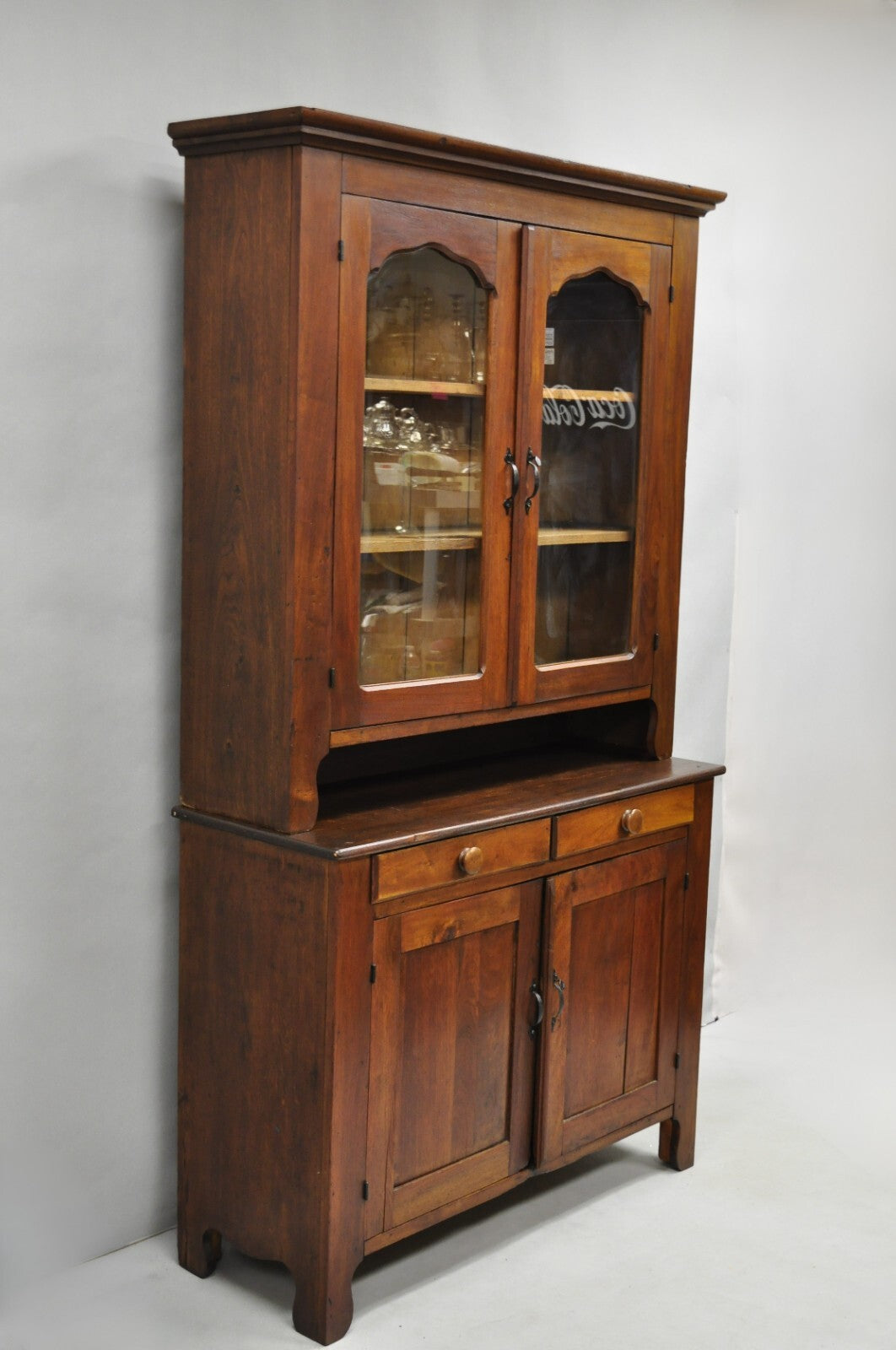 Antique Primitive Country Farmhouse Pine & Cherry Hutch Cupboard China Cabinet