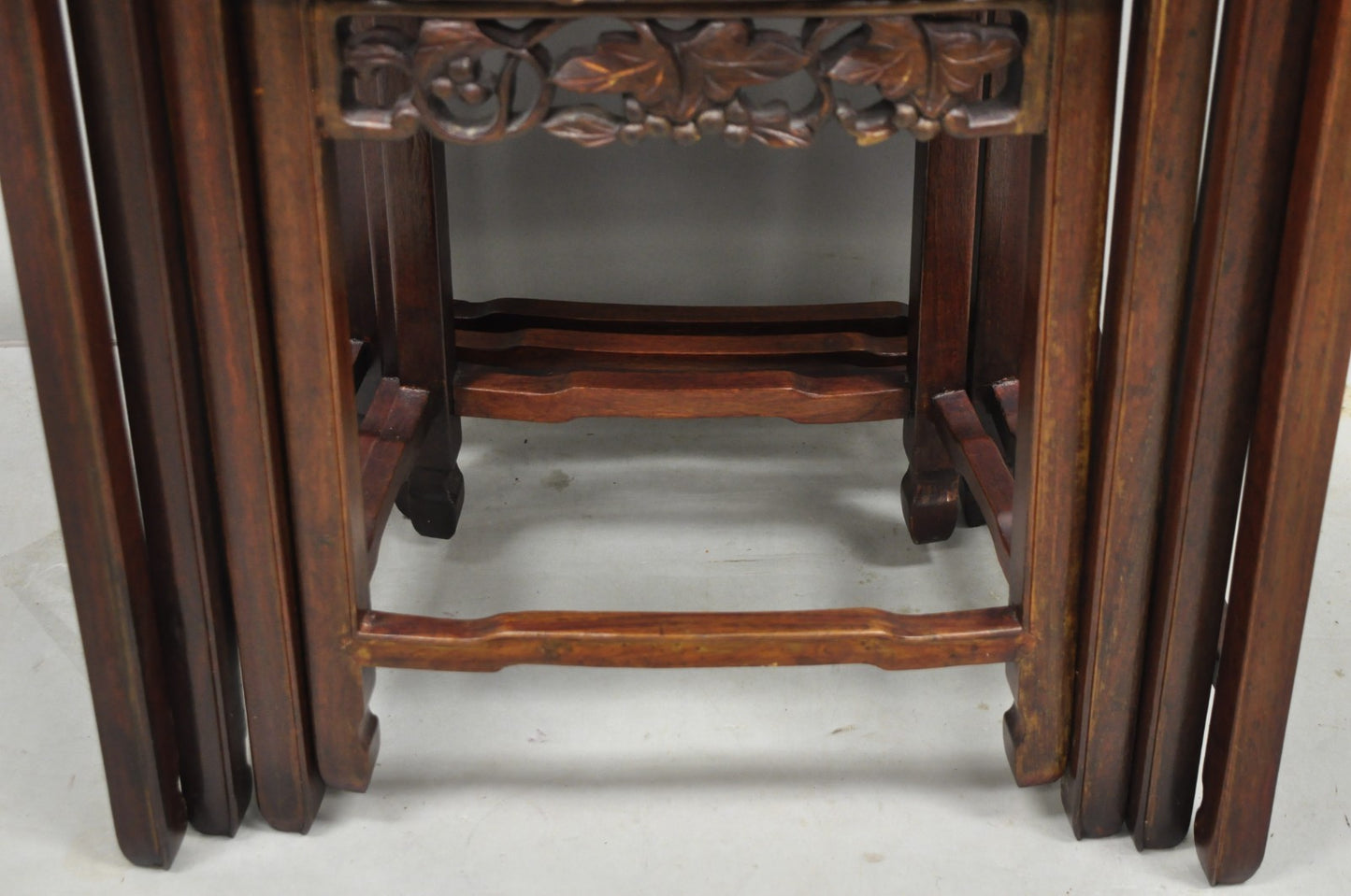 Vintage Chinese Carved Hardwood Curved Frame Nesting Side Tables - Set of 4