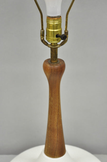 Vintage Mid Century Modern Atomic Era Teak Wood White Ceramic Pottery Table Lamp